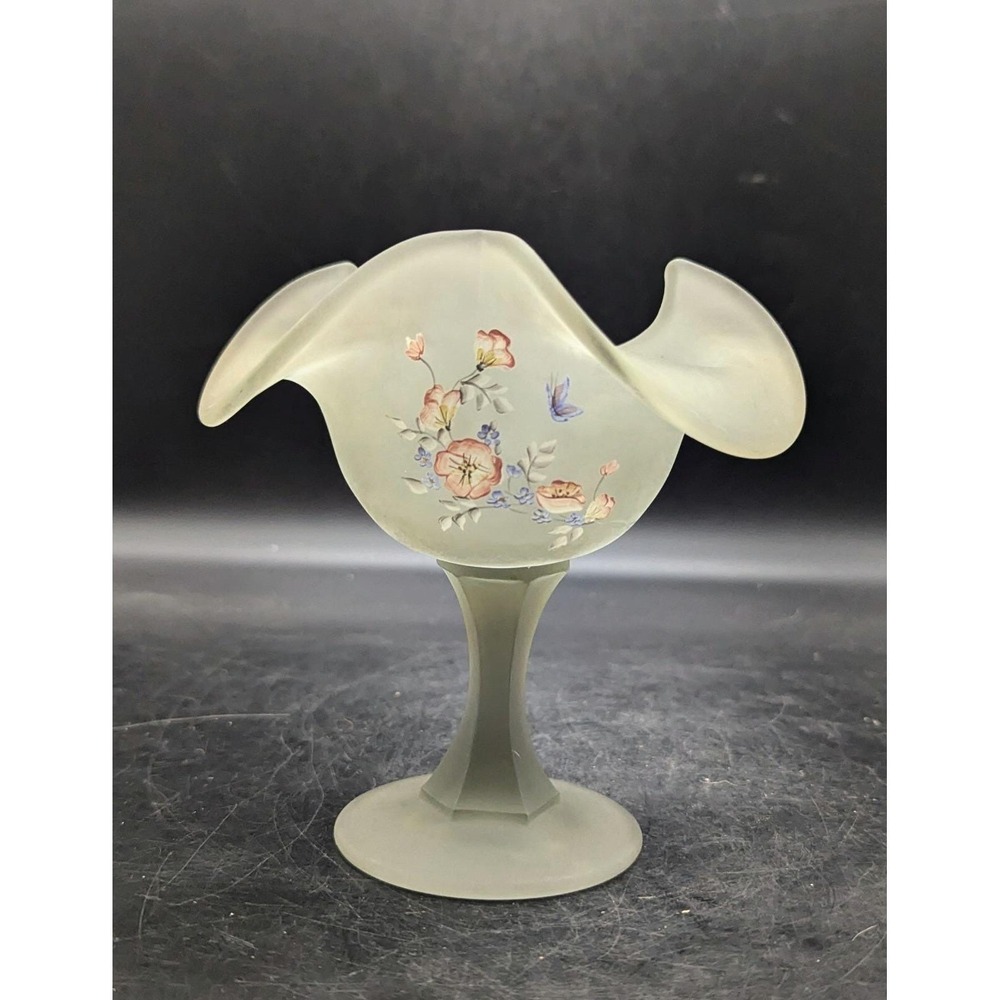 Vintage Fenton Glass Flowers on Gray Mist Satin Crimped Comport Hand Painted